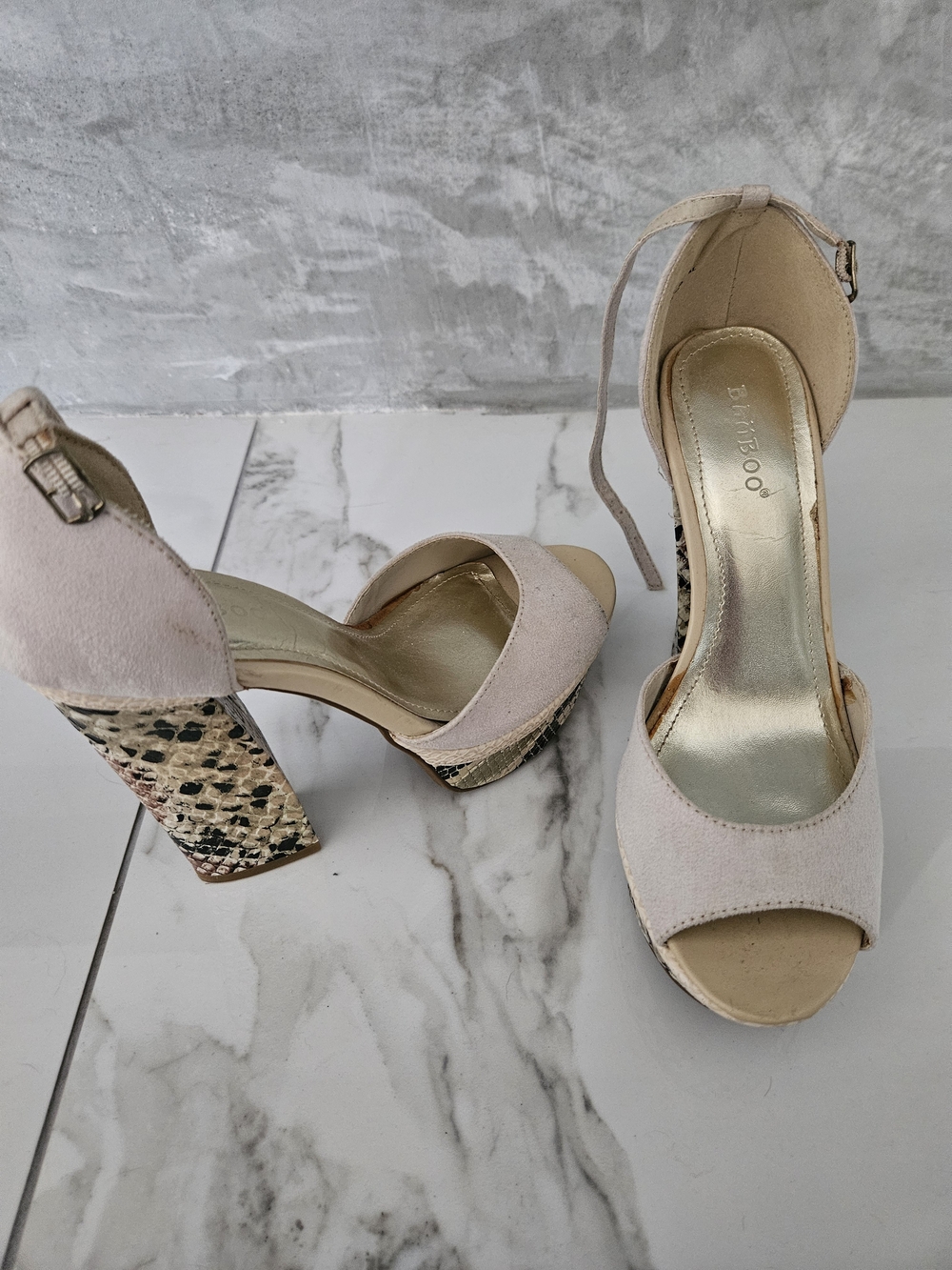 Bamboo Off White Ankle Strap Block Heel Sandals